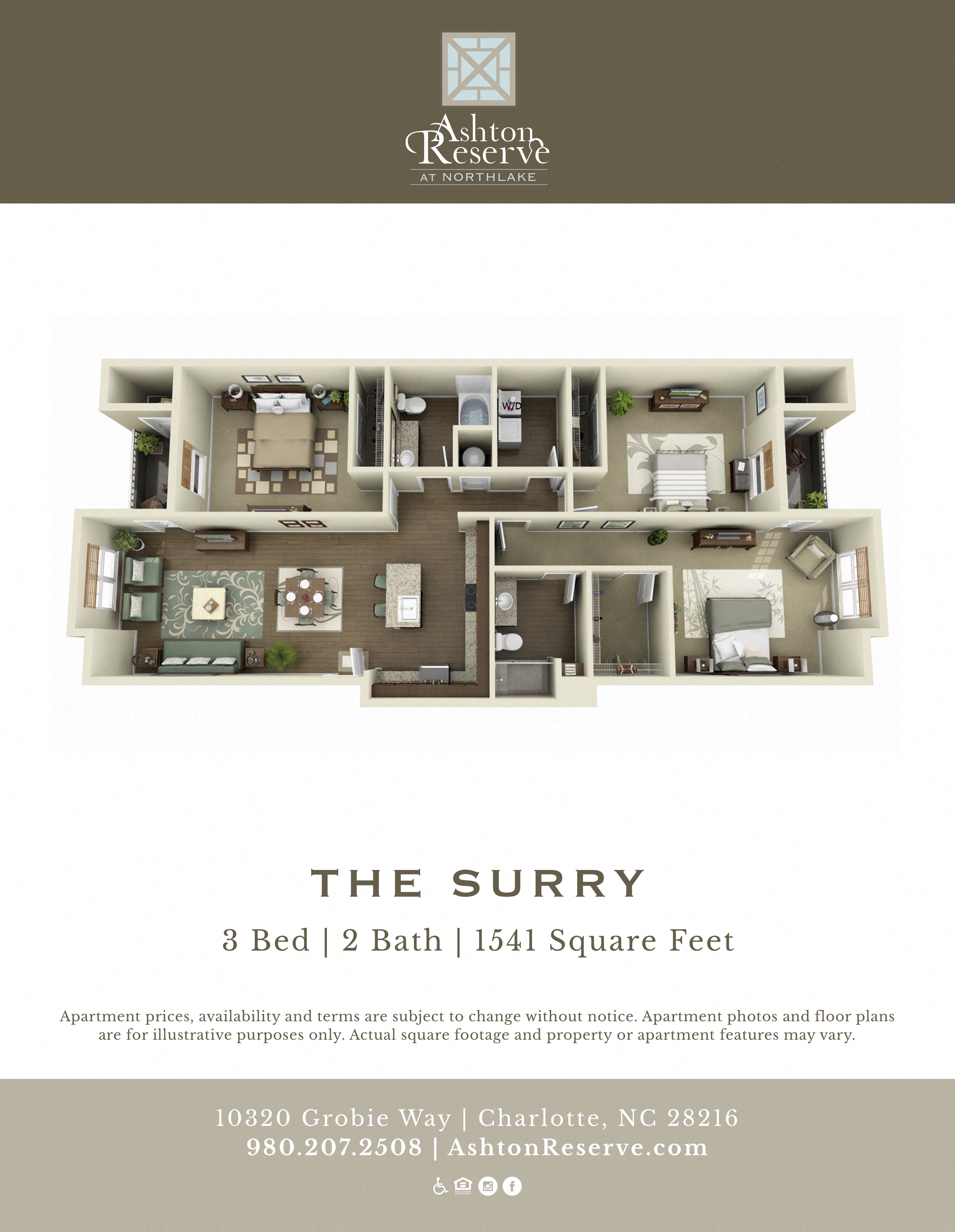 Floor plan for 3 beds, 2 baths, 1540 sqft